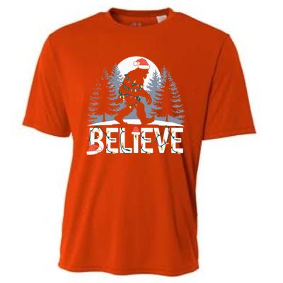 Santa Bigfoot Christmas Lights Funny Sasquatch Believe Xmas Cooling Performance Crew T-Shirt