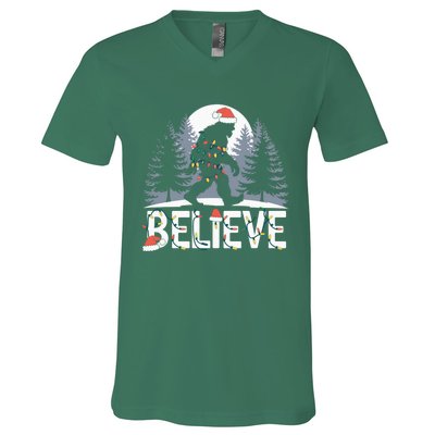 Santa Bigfoot Christmas Lights Funny Sasquatch Believe Xmas V-Neck T-Shirt