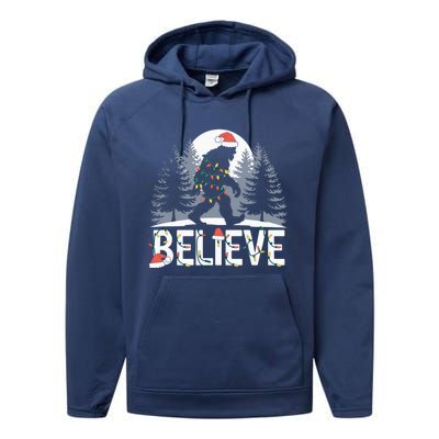 Santa Bigfoot Christmas Lights Funny Sasquatch Believe Xmas Performance Fleece Hoodie