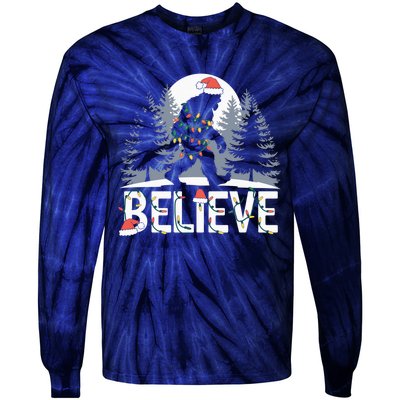 Santa Bigfoot Christmas Lights Funny Sasquatch Believe Xmas Tie-Dye Long Sleeve Shirt