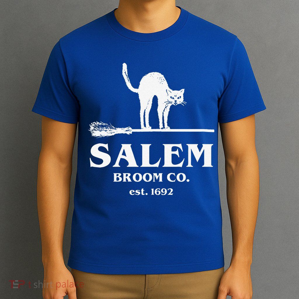 Salem Broom Co Company Halloween Black Cat Witch And Broom T-Shirt
