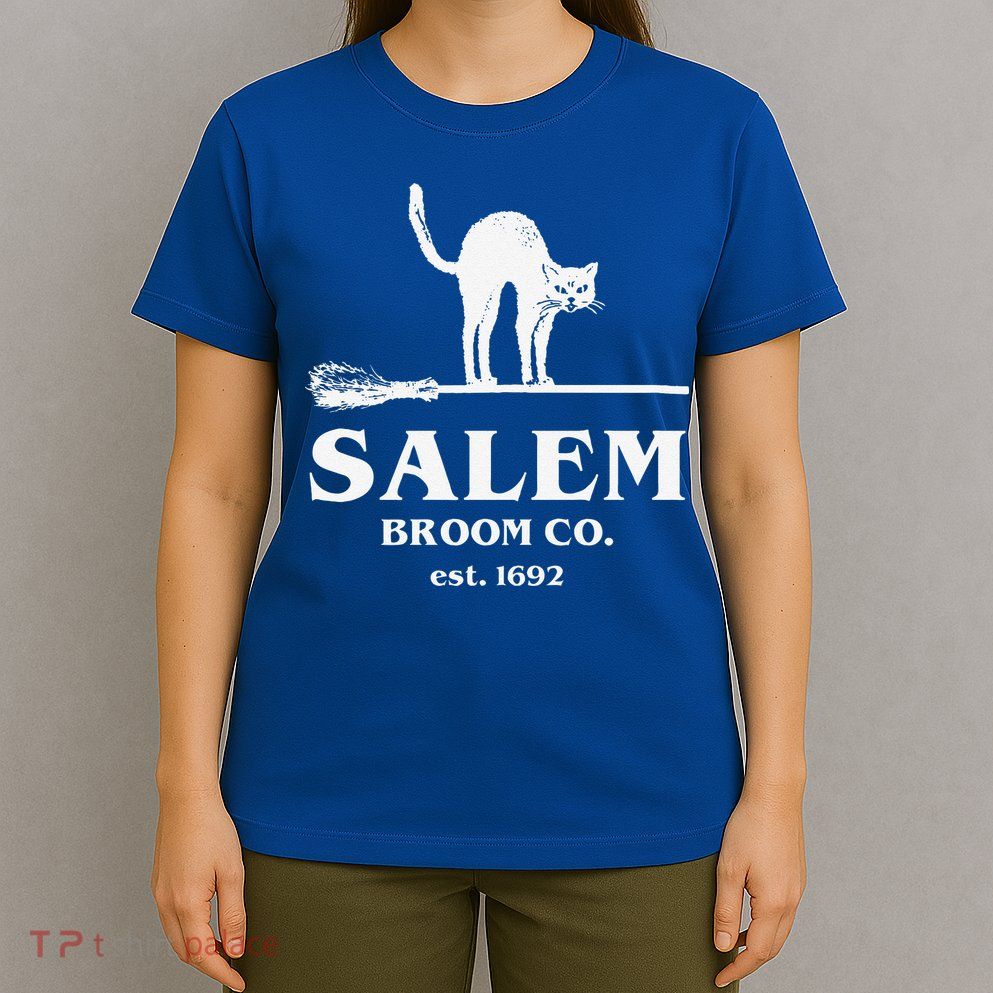 Salem Broom Co Company Halloween Black Cat Witch And Broom T-Shirt