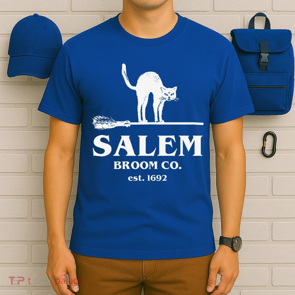 Salem Broom Co Company Halloween Black Cat Witch And Broom T-Shirt
