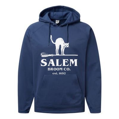 Salem Broom Co Company Halloween Black Cat Witch And Broom Performance Fleece Hoodie