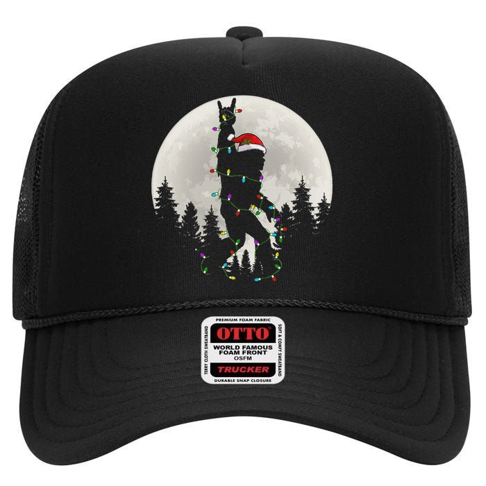 Santa Bigfoot Christmas Lights Funny Xmas Sasquatch High Crown Mesh Back Trucker Hat