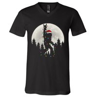 Santa Bigfoot Christmas Lights Funny Xmas Sasquatch V-Neck T-Shirt