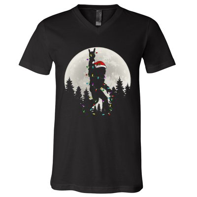 Santa Bigfoot Christmas Lights Funny Xmas Sasquatch V-Neck T-Shirt