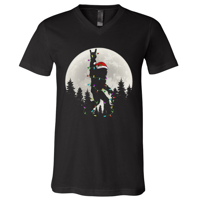 Santa Bigfoot Christmas Lights Funny Xmas Sasquatch V-Neck T-Shirt