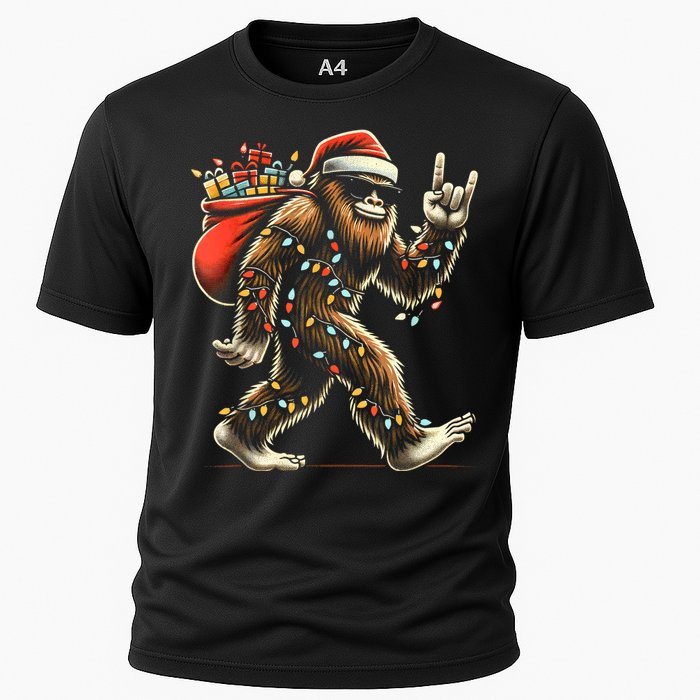 Santa Bigfoot Christmas Lights Funny Sasquatch Believe Cooling Performance Crew T-Shirt