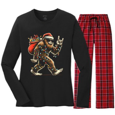 Santa Bigfoot Christmas Lights Funny Sasquatch Believe Women's Long Sleeve Flannel Pajama Set 