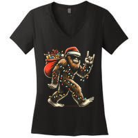 Santa Bigfoot Christmas Lights Funny Sasquatch Believe Women's V-Neck T-Shirt