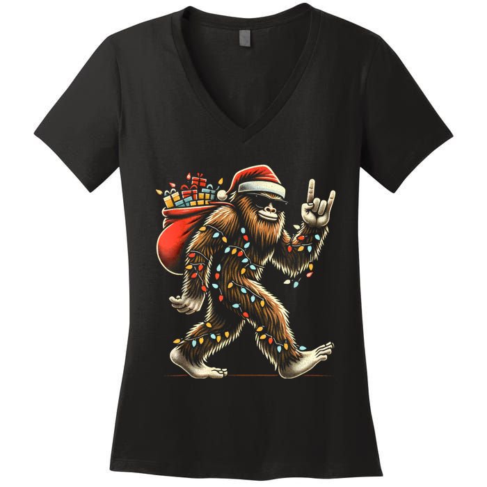 Santa Bigfoot Christmas Lights Funny Sasquatch Believe Women's V-Neck T-Shirt