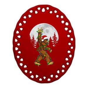 Santa Bigfoot Christmas Sasquatch Rock Roll Believe Pajamas  Ceramic Oval Ornament