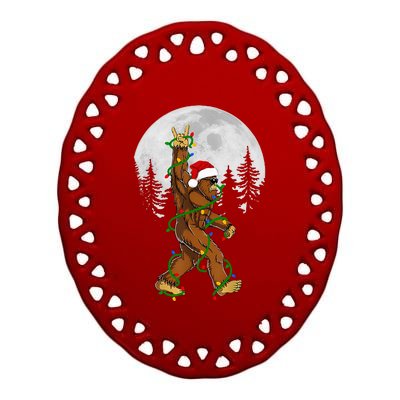 Santa Bigfoot Christmas Sasquatch Rock Roll Believe Pajamas  Ceramic Oval Ornament