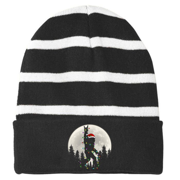 Santa Bigfoot Christmas Lights Funny Xmas Sasquatch Striped Beanie with Solid Band