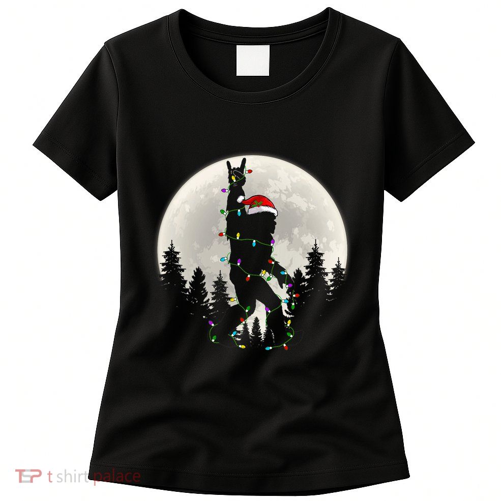 Santa Bigfoot Christmas Lights Funny Xmas Sasquatch Womens T-Shirt