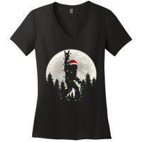 Santa Bigfoot Christmas Lights Funny Xmas Sasquatch Women's V-Neck T-Shirt