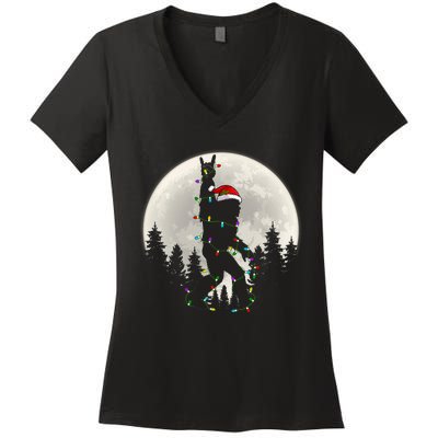 Santa Bigfoot Christmas Lights Funny Xmas Sasquatch Women's V-Neck T-Shirt