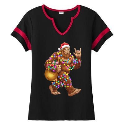 Santa Bigfoot Christmas Lights Rock Funny Sasquatch Believe Ladies Halftime Notch Neck Tee