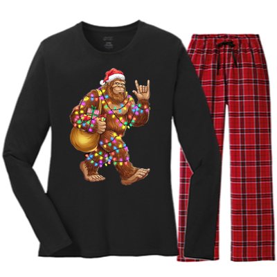 Santa Bigfoot Christmas Lights Rock Funny Sasquatch Believe Women's Long Sleeve Flannel Pajama Set 