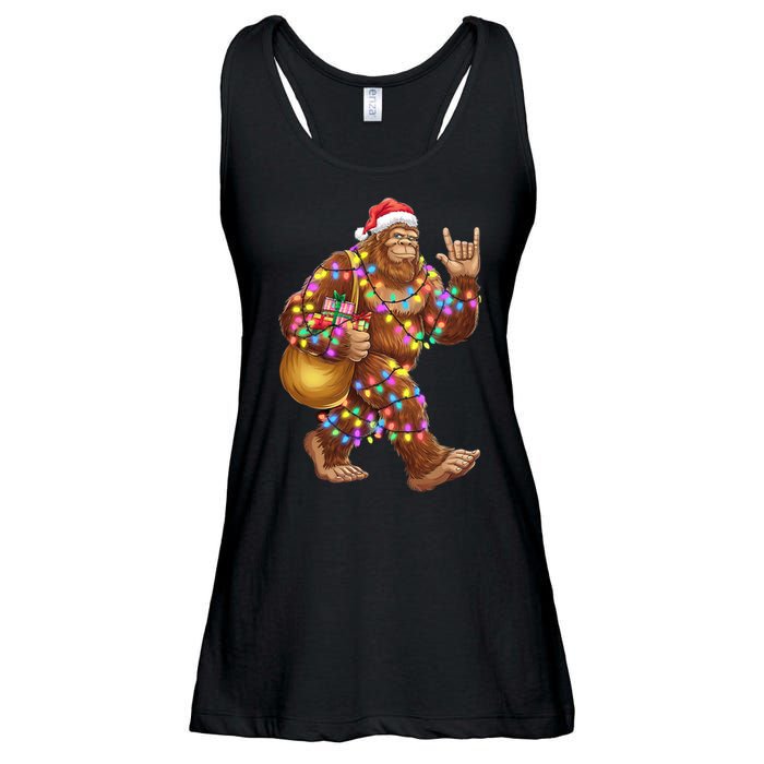 Santa Bigfoot Christmas Lights Rock Funny Sasquatch Believe Ladies Essential Flowy Tank