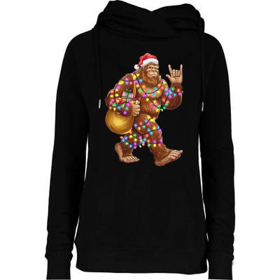 Santa Bigfoot Christmas Lights Rock Funny Sasquatch Believe Womens Funnel Neck Pullover Hood