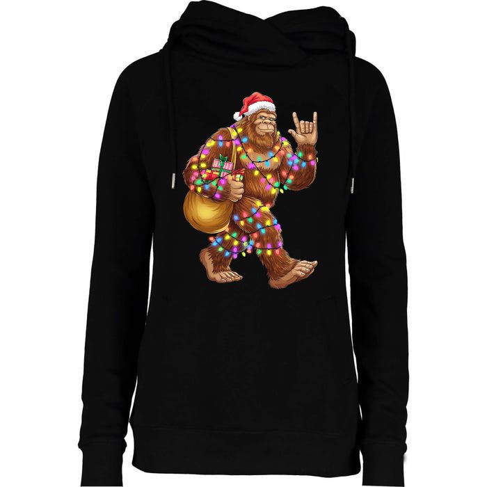 Santa Bigfoot Christmas Lights Rock Funny Sasquatch Believe Womens Funnel Neck Pullover Hood