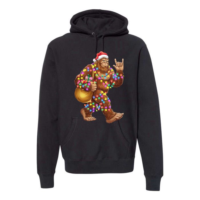 Santa Bigfoot Christmas Lights Rock Funny Sasquatch Believe Premium Hoodie