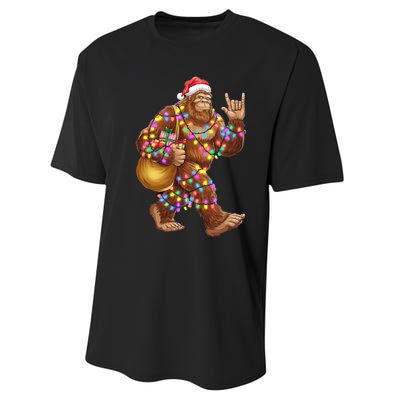 Santa Bigfoot Christmas Lights Rock Funny Sasquatch Believe Performance Sprint T-Shirt