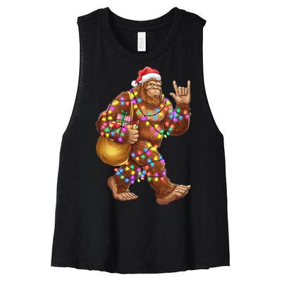 Santa Bigfoot Christmas Lights Rock Funny Sasquatch Believe Women's Racerback Cropped Tank