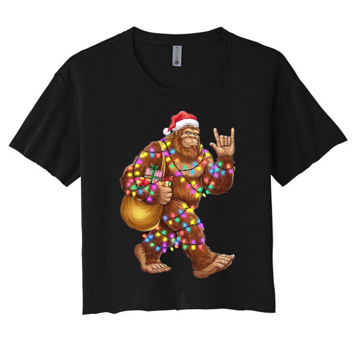 Santa Bigfoot Christmas Lights Rock Funny Sasquatch Believe Women's Crop Top Tee