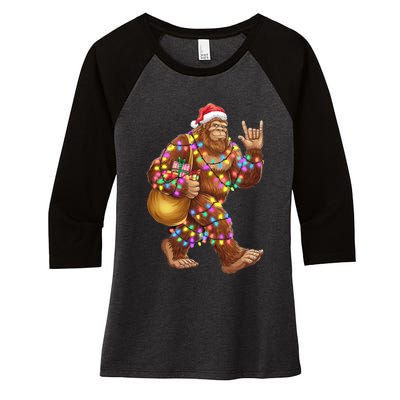 Santa Bigfoot Christmas Lights Rock Funny Sasquatch Believe Women's Tri-Blend 3/4-Sleeve Raglan Shirt