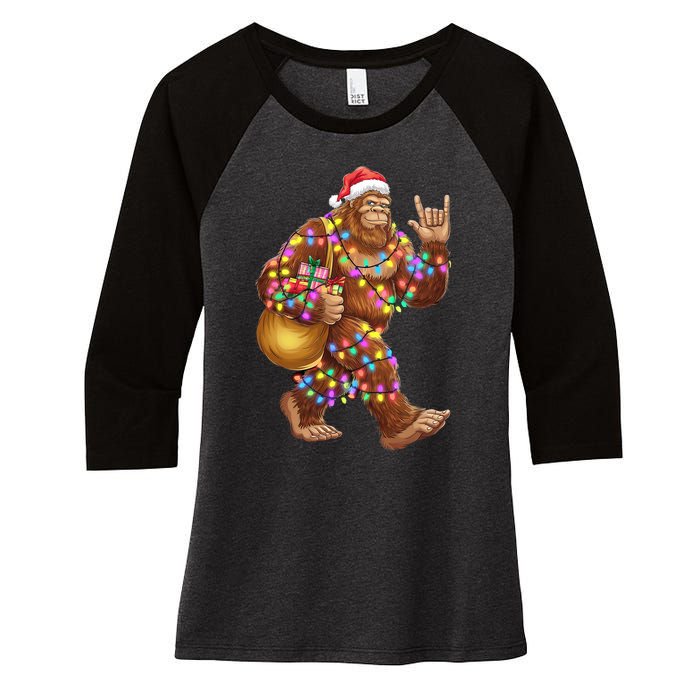 Santa Bigfoot Christmas Lights Rock Funny Sasquatch Believe Women's Tri-Blend 3/4-Sleeve Raglan Shirt