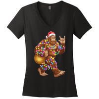 Santa Bigfoot Christmas Lights Rock Funny Sasquatch Believe Women's V-Neck T-Shirt