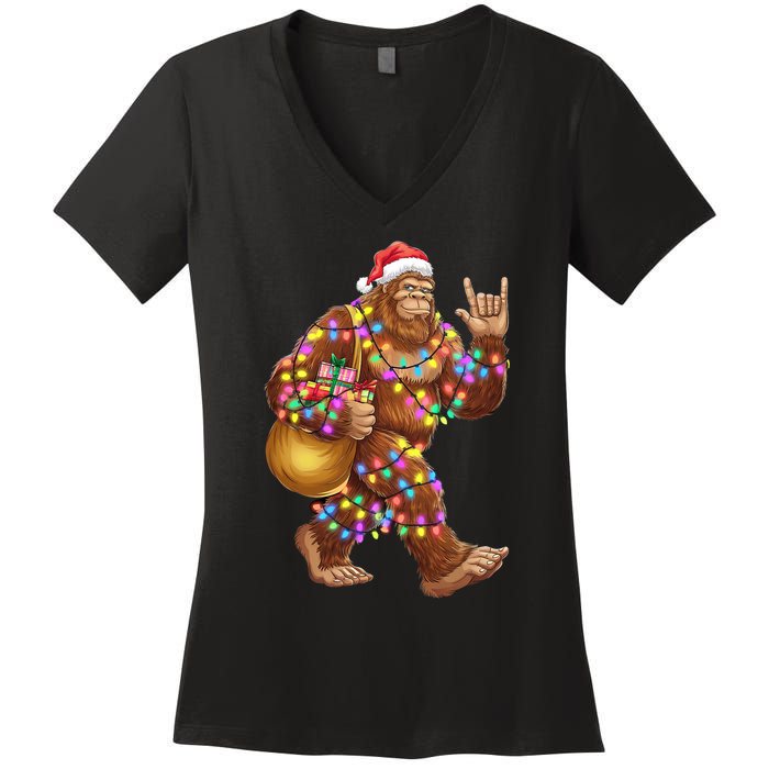 Santa Bigfoot Christmas Lights Rock Funny Sasquatch Believe Women's V-Neck T-Shirt