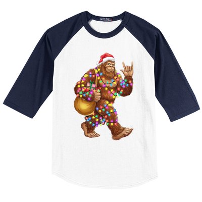 Santa Bigfoot Christmas Lights Rock Funny Sasquatch Believe Baseball Sleeve Shirt