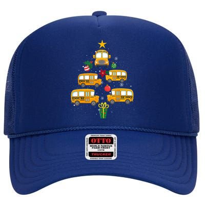 School Bus Christmas Tree Funny Boys Girls Xmas Pajama High Crown Mesh Back Trucker Hat