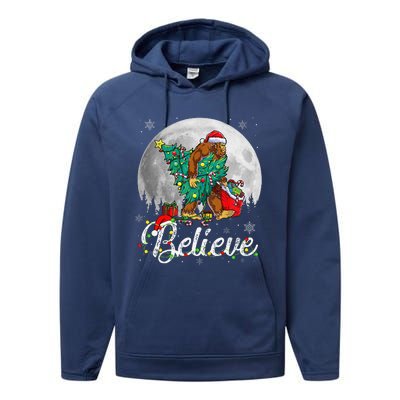 Santa Bigfoot Christmas Lights Funny Sasquatch Believe Xmas Performance Fleece Hoodie