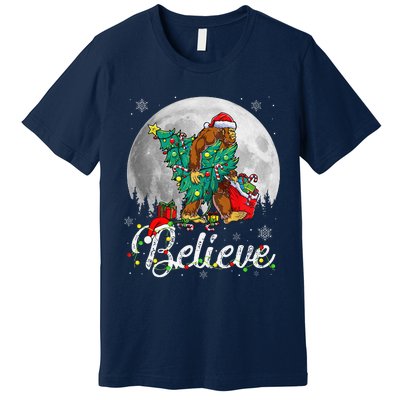 Santa Bigfoot Christmas Lights Funny Sasquatch Believe Xmas Premium T-Shirt