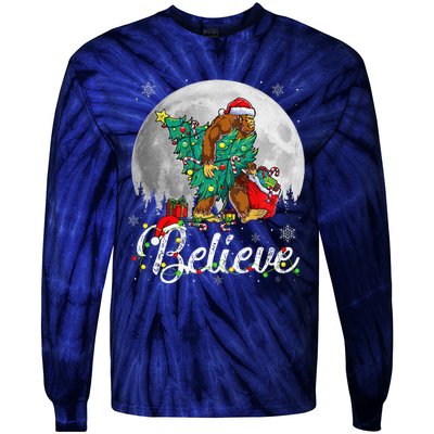 Santa Bigfoot Christmas Lights Funny Sasquatch Believe Xmas Tie-Dye Long Sleeve Shirt