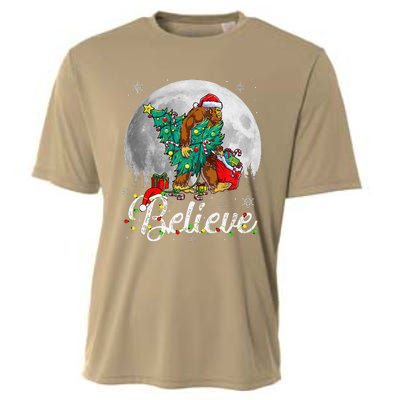 Santa Bigfoot Christmas Lights Funny Sasquatch Believe Xmas Cooling Performance Crew T-Shirt