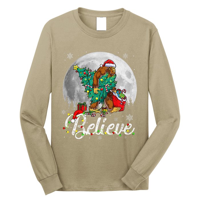 Santa Bigfoot Christmas Lights Funny Sasquatch Believe Xmas Long Sleeve Shirt