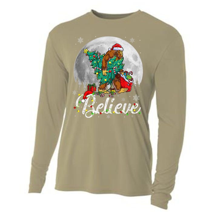 Santa Bigfoot Christmas Lights Funny Sasquatch Believe Xmas Cooling Performance Long Sleeve Crew