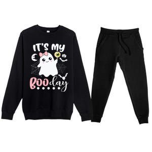 Spooky Birthday Celebration: Cute Ghost with Pink Bow Premium Crewneck Sweatsuit Set