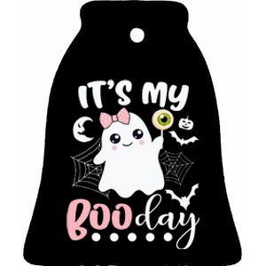 Spooky Birthday Celebration: Cute Ghost with Pink Bow Ceramic Bell Ornament