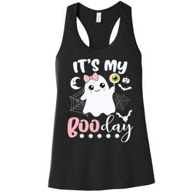 Spooky Birthday Celebration: Cute Ghost with Pink Bow Women's Racerback Tank