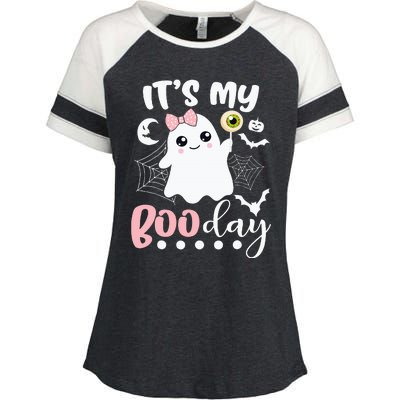 Spooky Birthday Celebration: Cute Ghost with Pink Bow Enza Ladies Jersey Colorblock Tee