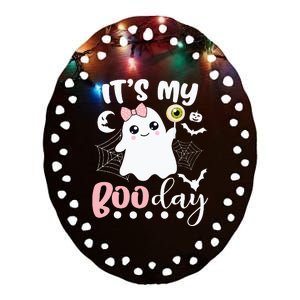 Spooky Birthday Celebration: Cute Ghost with Pink Bow Ceramic Oval Ornament