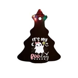 Spooky Birthday Celebration: Cute Ghost with Pink Bow Ceramic Tree Ornament