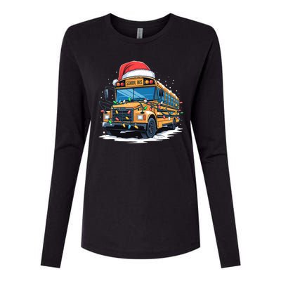 School Bus Christmas Tree Cute Santa Hat Lights Xmas Womens Cotton Relaxed Long Sleeve T-Shirt